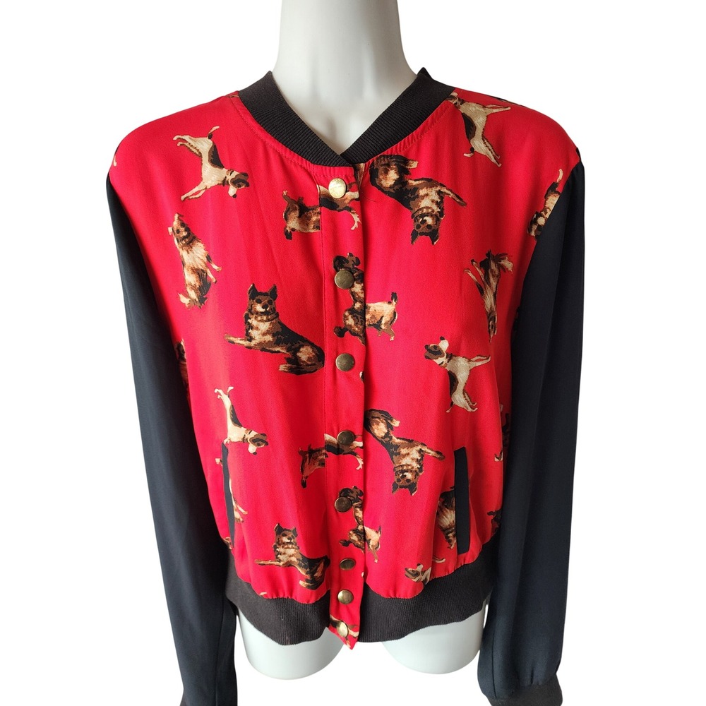 Marilyn Monroe Dog Print Bomber Jacket Red Black Snap Front 3JWJ6862M Large